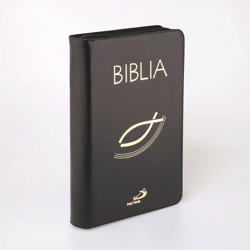 Biblia "z rybką", czarna z suwakiem skóra naturalna