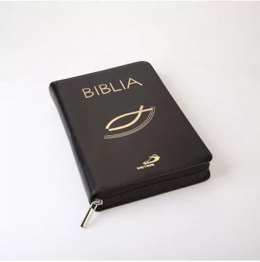 Biblia "z rybką", czarna z suwakiem skóra naturalna