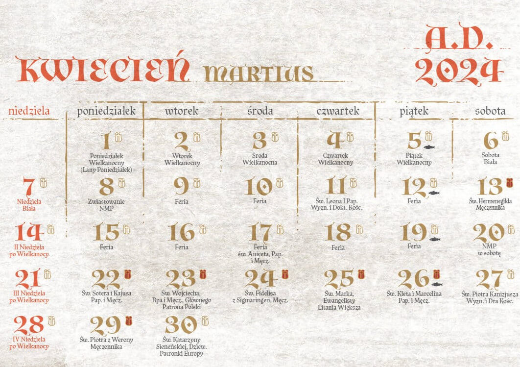 Kalendarz Tradycji Kwiecień 2024